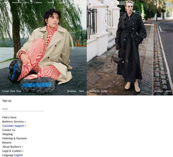 Contact link on Burberry's website