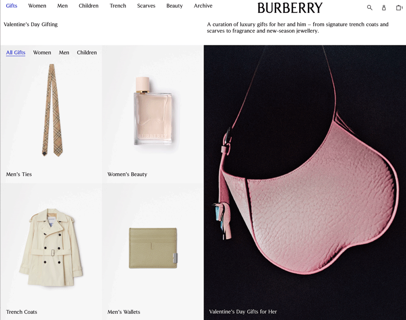Gift ideas on Burberry's website