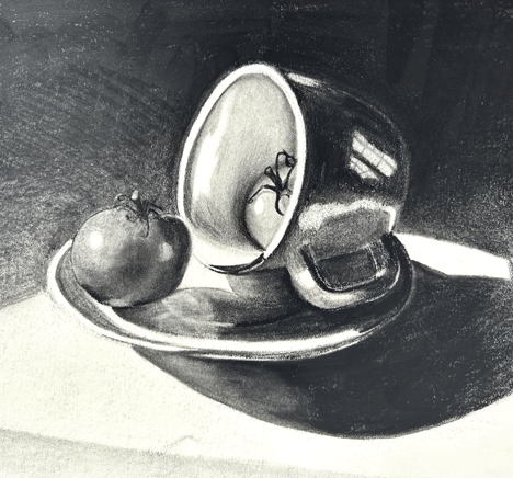 Cup and tomato on plate drawing