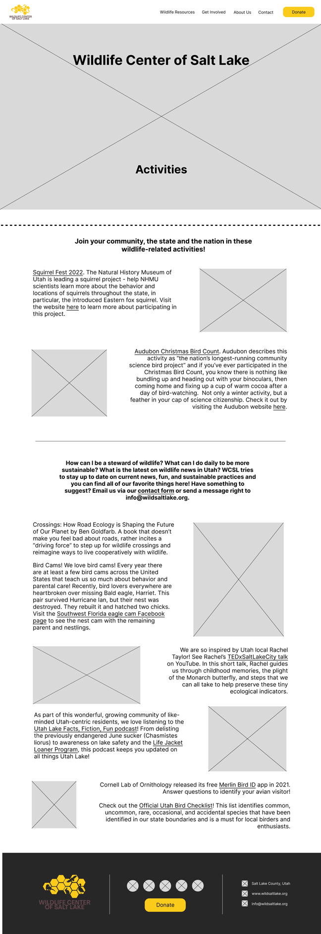 Wireframe for Wildlife Center of Salt Lake's activities page