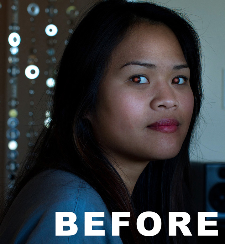 Side profile view of girl with fixed red eye before editing