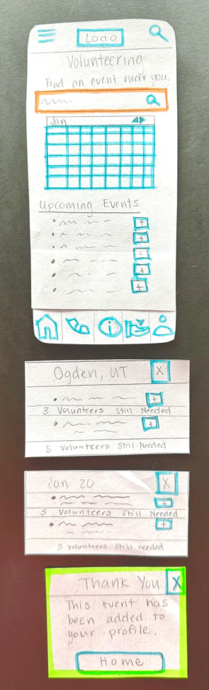 Paper prototype of volunteer page