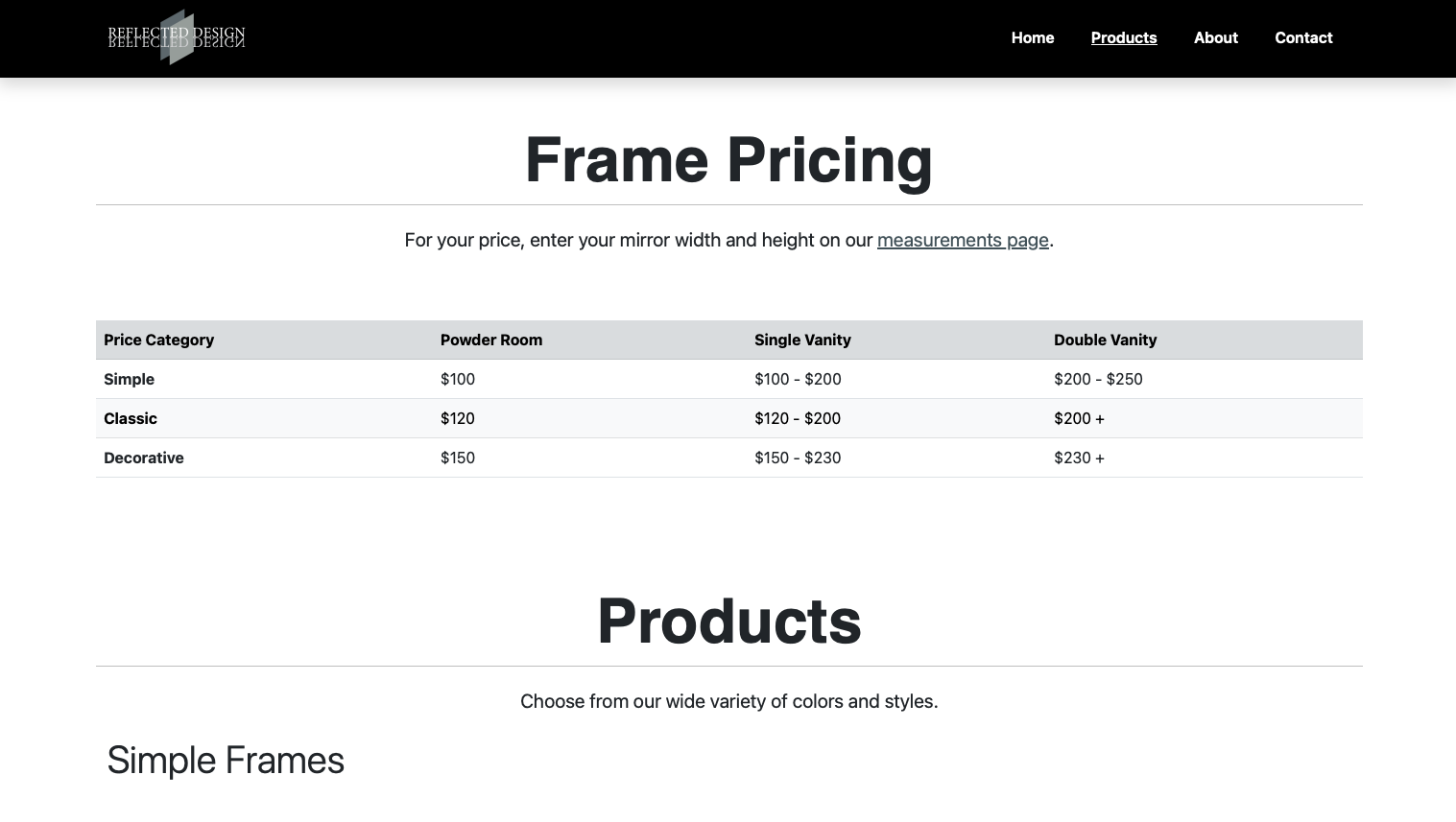 Reflected Design's frame pricing chart
